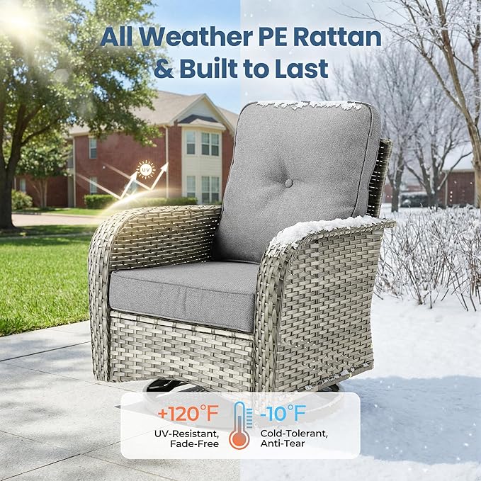 Outdoor Swivel Rocker Patio Chairs, 3 Piece Patio Furniture Set with Glider Chairs and Wicker Coffee Table, All Weather Rattan Chair Set for Porch Deck Yard Balcony, Dark Gray