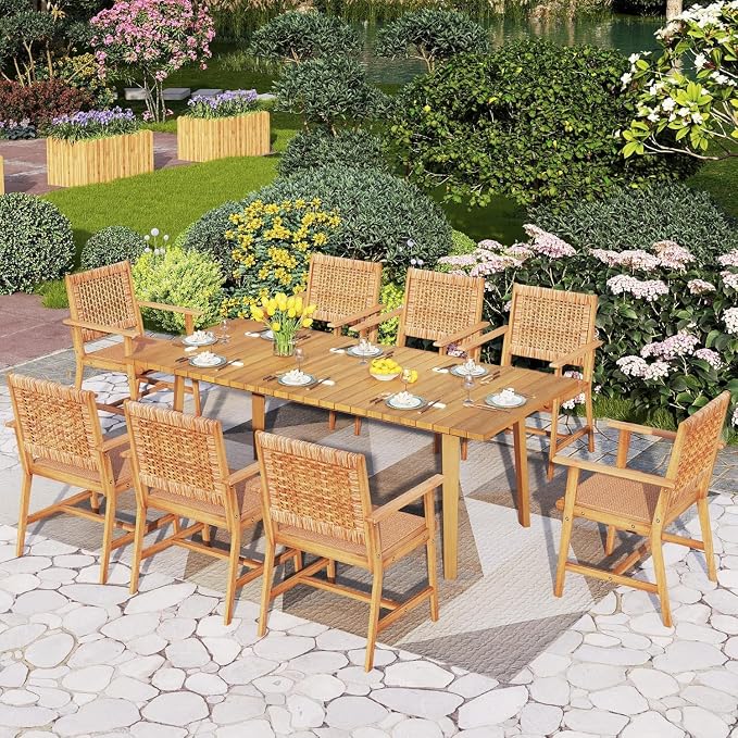 PHI VILLA 9 Pieces Acacia Wood Outdoor Dining Set for 8, Teak Rectangle Wooden Table & Chairs with Wicker Seat and Back, Farmhouse Dining Furniture Set for Patio, Deck, Yard, Porch by PHIVILLA