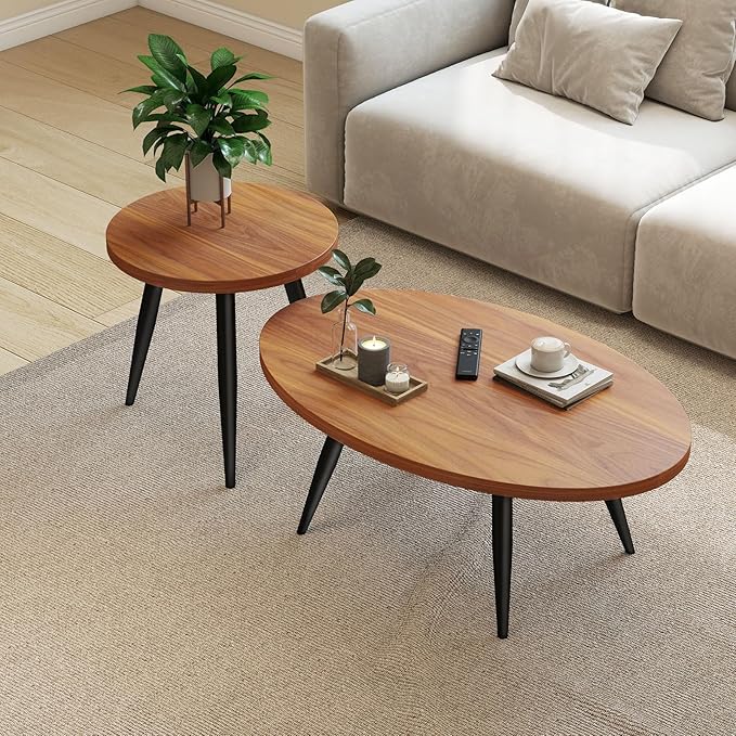2-Piece Nesting Coffee Table Set, Oval & Round Mid-Century Modern Side Tables with MDF Tabletop & Metal Tapered Legs, Accent Table Set for Living Room, Small Spaces (Walnut)