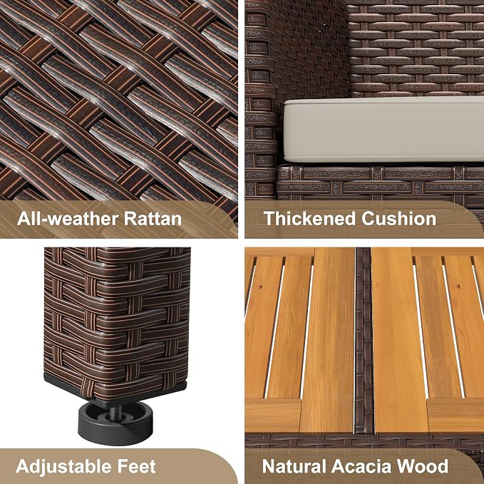 Devoko Dining 7 PCS Furniture, Patio Conversation Set with Acacia Wood Table Top, Outdoor, Beige Cushion and Brown Rattan - Image 6