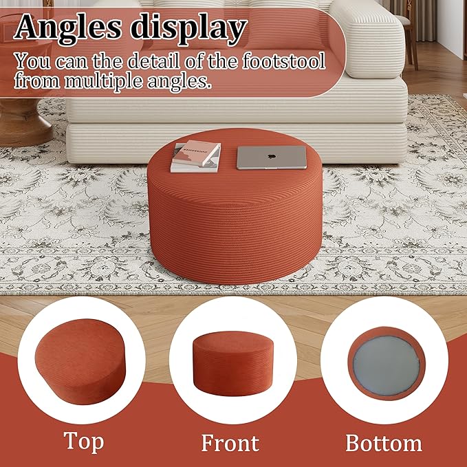 Round Coffee Table 32" Ottoman for Corduroy Cloud Sectional Couches in a Box Memory Foam Compressed Pouf Footstool Rest for Living Room, Bedroom, Makeup Room No Assembly Require (Orange, 32")