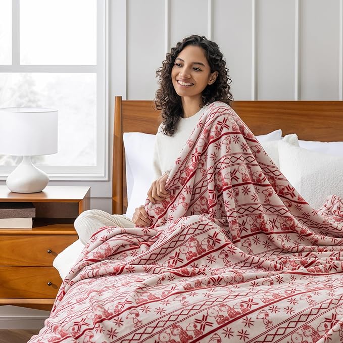 Berkshire Peanuts® VelvetLoft® Cute Character Snoopy Plush Blanket,Cozy Fairisle Crimson Neutral,King 90 in x 108 in (Official Peanuts® Product)
