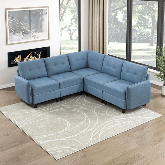 Lexicon L Shape Sectional Couch with Hidden Storage, Textured Fabric Modular Sectional Sofa with Button-Tufted Design, Reversible Back Cushion, 5 Seater Large Sofa, Blue