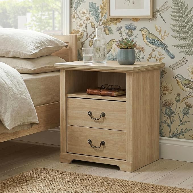 24/7 Shop at Home Elrik Modern 22-inch Wood Nightstand with Open Shelf, 2 Drawers and Ornate Handles, Wooden Night Stand for Bedroom, Apartment, Small Bedside Table, Oak by 247SHOPATHOME