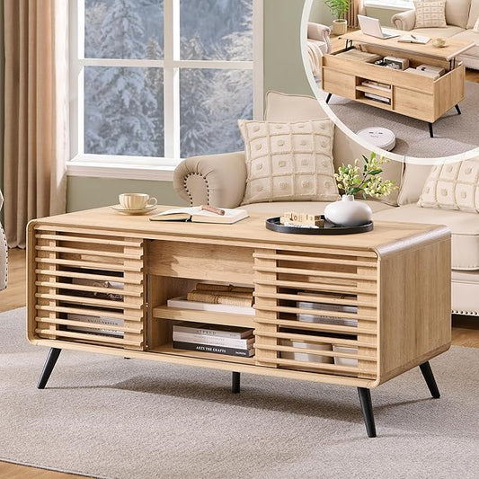 OKD Lift Top Coffee Table w/Sliding Slatted Door, 48" Mid Century Modern Wood Center Table w/Hidden Storage Compartment & Adjustable Shelf, Lift Tabletop Dining Table for Living Room (Natural Oak)