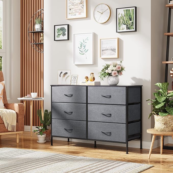 WLIVE Dresser for Bedroom with 6 Drawers, Wide Dresser TV Stand for 50 Inches TV, Grey Dresser with Metal Frame, Wooden Top, Fabric Dressers for Bedroom, Living Room, Hallway, Dark Grey - Image 4