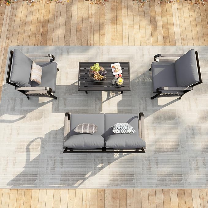 4 Pieces Outdoor Patio Furniture Set, All Weather Metal Loveseat Sofa Chairs with Coffee Table, Conversation Sets for Backyard Garden Deck Poolside Porch, Gray