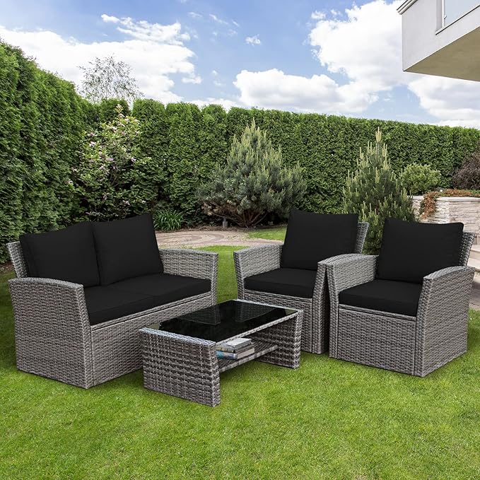COSTWAY 4 Pieces Patio Rattan Furniture Set, Outdoor Wicker Sofa Set with Tempered Glass Coffee Table, Cushions, All Weather Rattan Conversation Set for Yard Balcony Backyard Pool (Black)