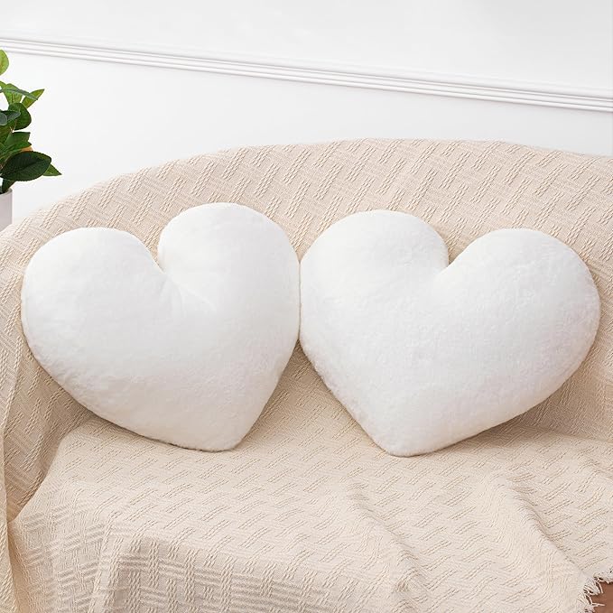 2 Pcs White Heart Pillow Decorative Throw Pillows 16-inch Cute Soft Fluffy Heart Shaped Pillows for Bed Couch Sofa Bedroom Living Room Decor Aesthetic (Milk White, 16"x13.78")
