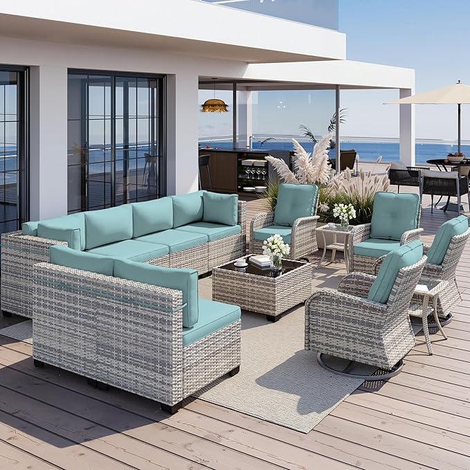 13-Piece Outdoor Patio Furniture Set with Rocking Swivel Chair, Wicker Rattan Sectional Sofa Conversation Set with Tempered Glass Table, Backyard Furniture, Light Blue