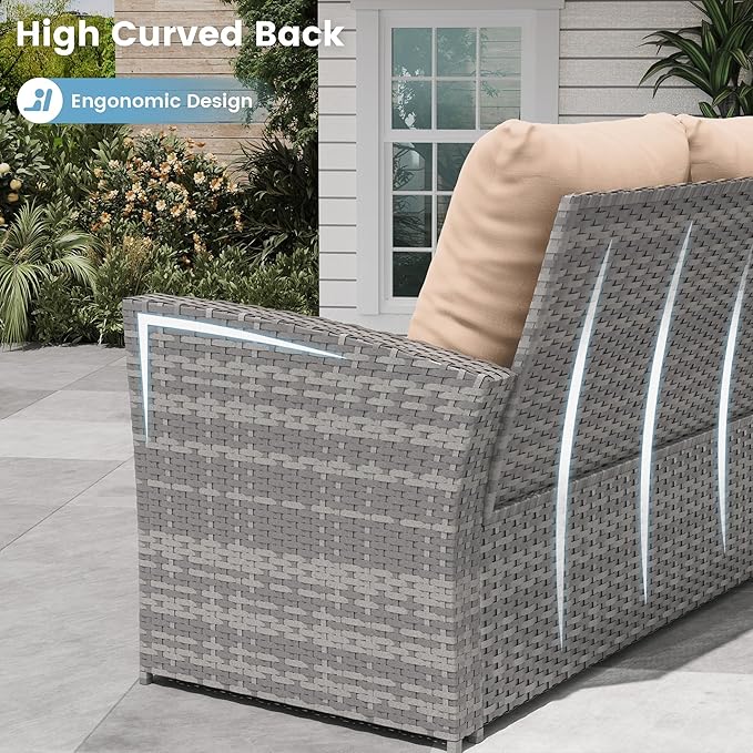 Amopatio 4 Piece Outdoor Wicker Patio Furniture Set, PE Rattan Sectional Sofa with Thick Cushions & Tempered Glass Table, Weather-Resistant Patio Conversation Sets for Balcony, Backyard, Beige