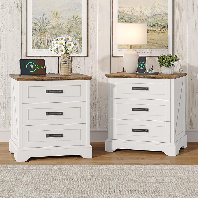 Whalefall Farmhouse Night Stand Set of 2, Large 3 Drawers Bedside Table with Charging Station, 22 inch Wide End Table for Bedroom, 2pcs White by Whalefall