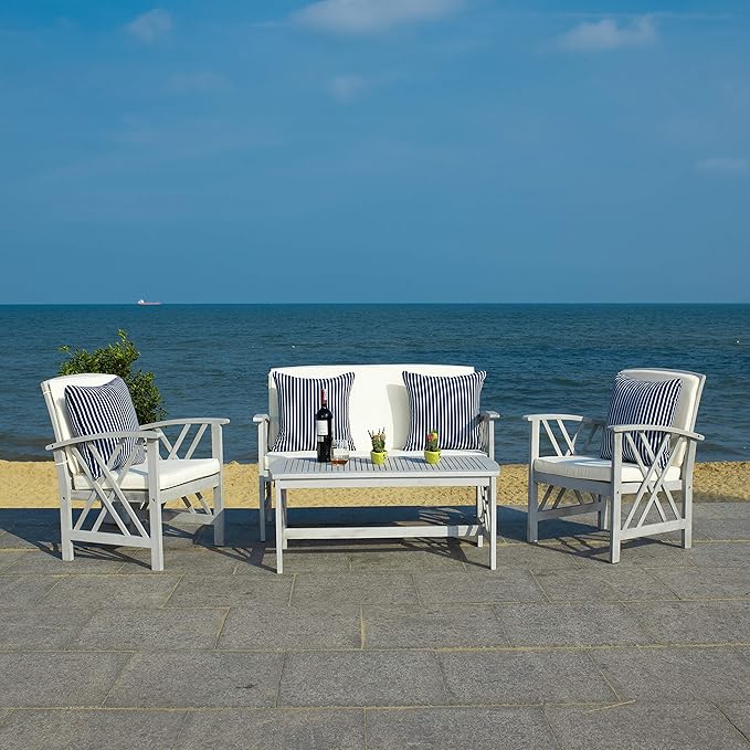SAFAVIEH Outdoor Collection Fontana Grey / Beige Cushions/ Stripe Pillows 4-Piece Conversation Patio Set