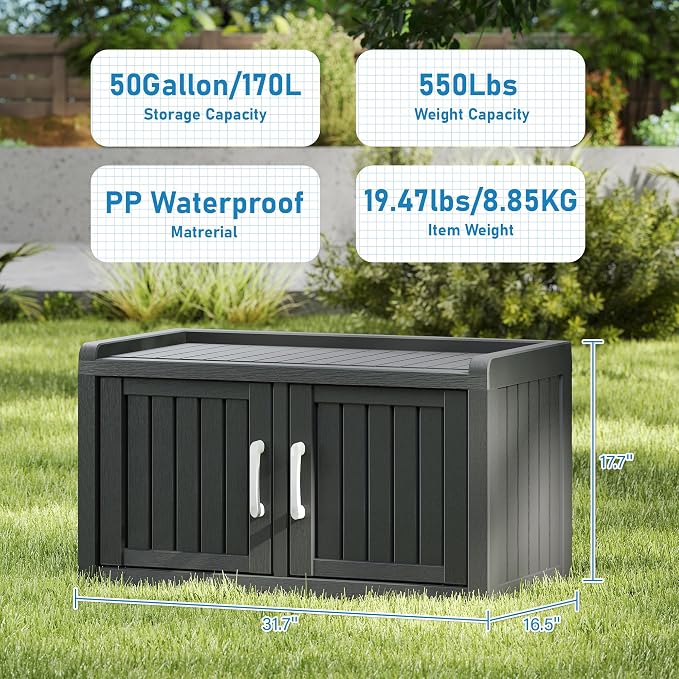 2-Tier Storage Bench, Waterproof UV-Resistant Outdoor Shoe Storage Cabinet with 2 Doors & Adjustable Shelves for Indoor Outdoor Entryway, Hallway, Living Room (Raven Black) - Image 3