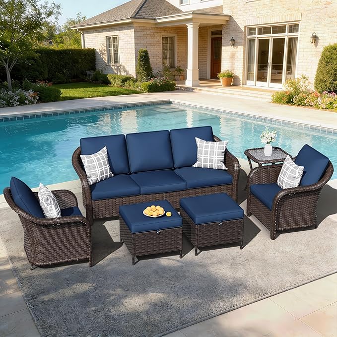 6 PCS Outdoor Conversation Set | 78" Couch, 2 Chairs, 1 Side Table, 2 Ottomans, Patio Wicker Conversation Furniture with Removable Cushions for Bistro, Deck, Sunroom (Navy Blue)