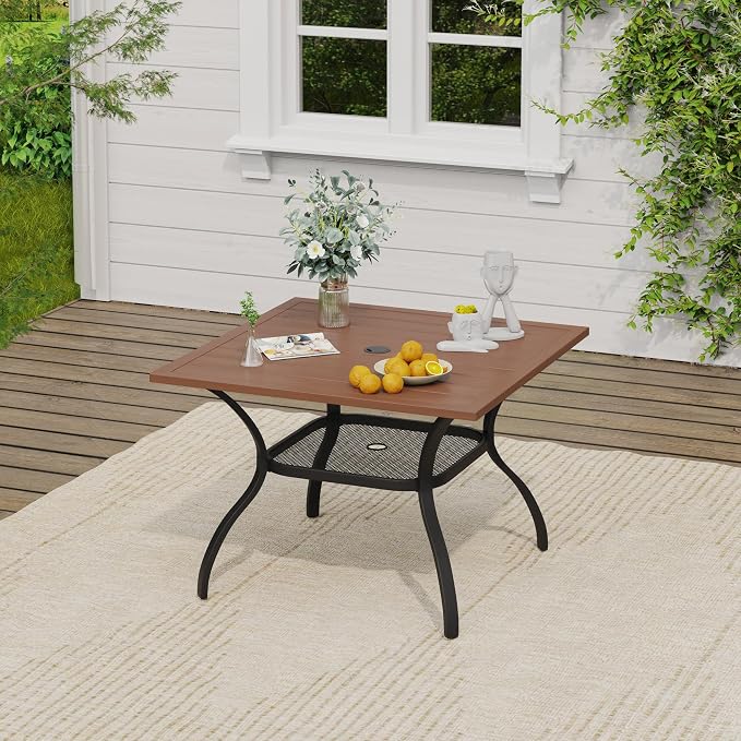 VICLLAX Outdoor Dining Set for 4, Patio Furniture Set of 4 Patio Stackable Dining Chairs and Outdoor Metal Square Table with Umbrella Hole for Backyard Lawn Garden, Brown Chairs and Walnut Table - Image 5