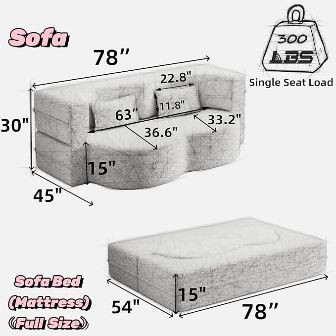 KEIKI Floor Sofa Bed with 2 Pillows, Convertible Plush Corduroy Couch, 15" Foam Folding Mattress Sleeper Floor Couch for Adults, Compression Sofa Lounge Bed, Coffee