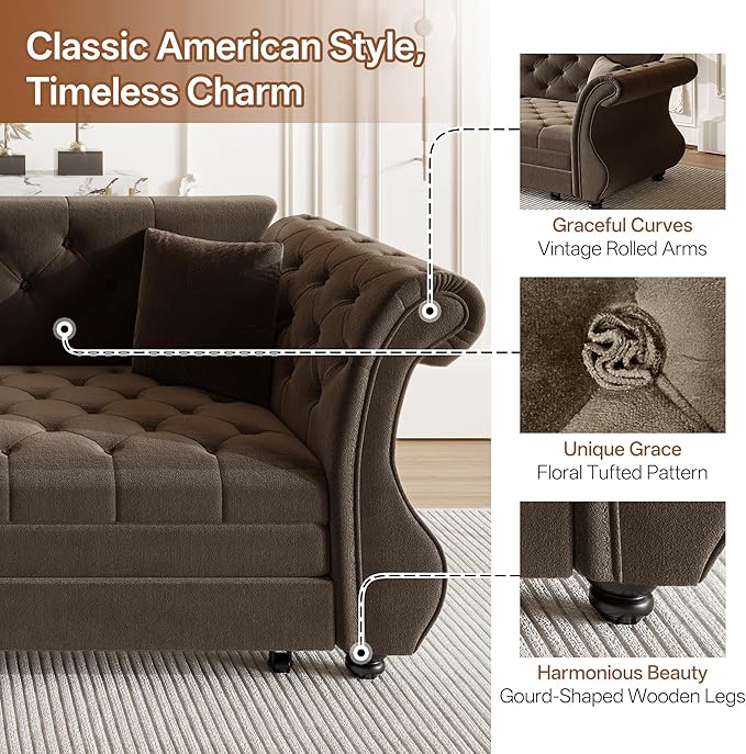 Eafurn Oversized 3-Seater Chesterfield Loveseat Convertible Queen Size Sleeper Couch Bed,Classic Tufted Velvet Pull Out Loveseat Sofa Bed with Roll Armrest and Solid Wood Legs
