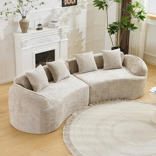 109-Inch Curved Boneless Sofa Couches Compressed 4-Seat Foam Couch for Living Room Bedroom, Boneless Modular Cloud Sofa Curved Floor Couch with 4 Pillows, No Assembly