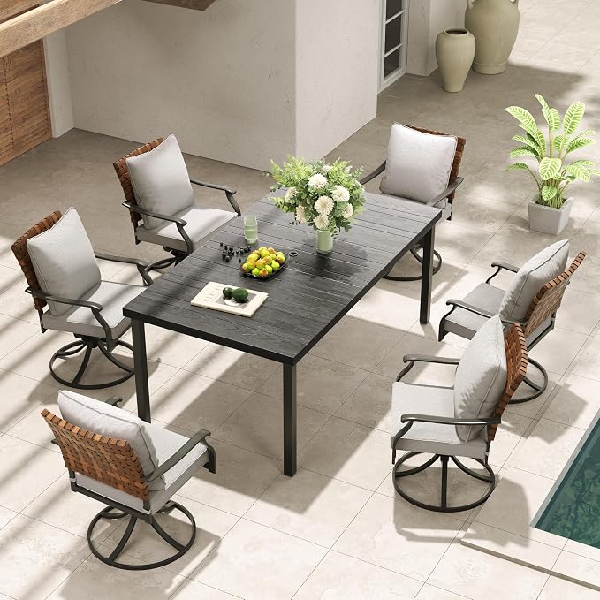 Grand patio 7-Piece Outdoor Dining Set, 6 Leather-Look Wicker Swivel Patio Chairs & 1 Straight Legs Rectangular Dining Table, Black - Image 2