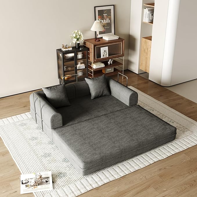 59'' Convertible Compressed Corduroy Folding Sofa Bed, Modern Boneless Pull Out Loveseat Sleeper in a Box, 4 in 1 Floor Mattress Futon Cloud Couch for Home, No Assembly Needed, Grey, 2 Pillows, Queen