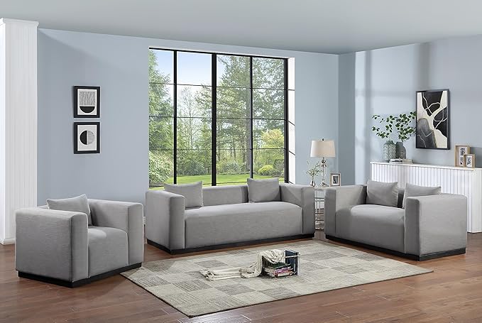 Meridian Furniture 642Grey-S Alfie Collection Modern | Contemporary Sofa with Rich Grey Linen Textured Fabric, Black Finish Solid Wood Base, 90.5" W x 36" D x 28.5" H, Grey