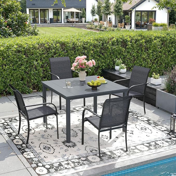 DIFY 5 Pieces Outdoor Dining Table Chair Set, Patio Dining Set with 1 Grey Metal Square Table with Umbrella Hole & 4 Grey Stackable Curved Armrests Chairs for Lawn, Garden, Porch by DIFY