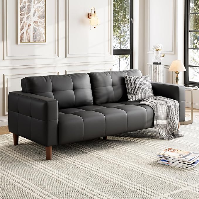 GarveeHome 3-Seater Sofa Couch, 83" Wide Faux Leather Sofa Couch with Spring Cushion, Modern Sofa with Deep Seats and 2 Removable Back Cushions, for Living Room, Apartment, Office, Modern Black