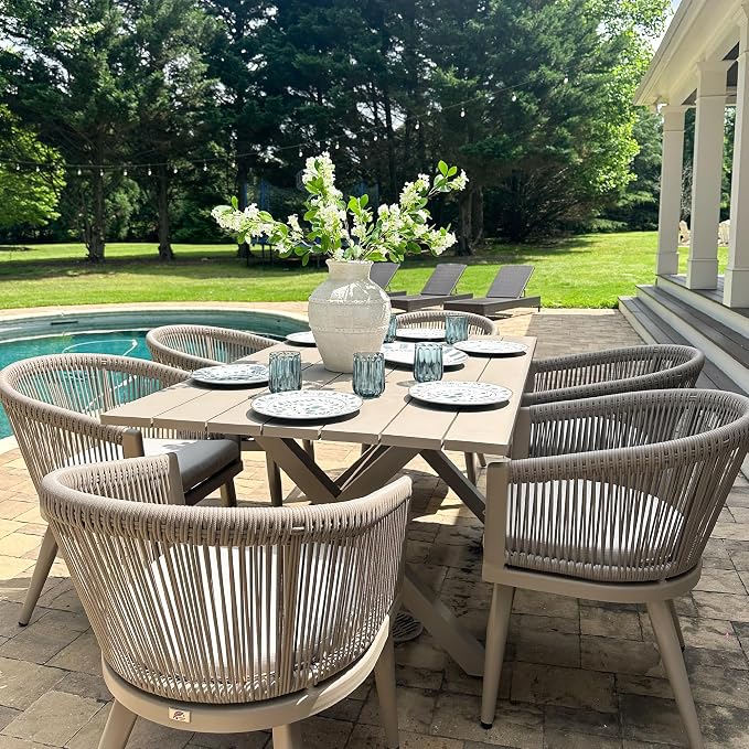 PURPLE LEAF Patio Dining Set for 6 All-Weather Wicker 7 Piece Aluminium Outdoor Table and Chairs Set Included Cushions for Backyard Indoor Decor Kitchen Modern Outdoor Furniture Set Champagne by PURPLELEAF