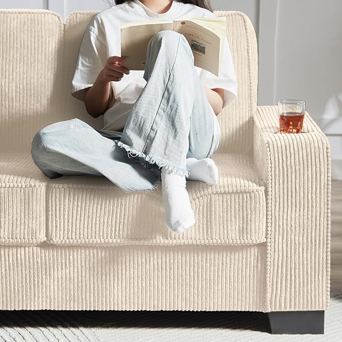 83" Modern Cloud Sofas for Living Room Bedroom, 3 Seat Modular Couch Soft Corduroy Upholstered Loveseat Couches with Cupholders for Home Apartment Office Studio