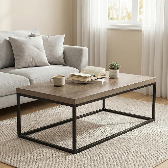 CENSI 47" Industrial Coffee Table, Rustic Grey French Oak Finish, Extra Thick 1.6" Wood Top, Sturdy Metal Frame, Modern Farmhouse Rectangular Cocktail Center Table for Living Room, Easy Assembly