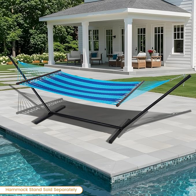 Lazy Daze Hammocks 10.5 FT Double 2 Person Caribbean Rope Hammock, Hand Woven Polyester Hammock with Spreader Bars, for Outside Outdoor Backyard Patio Poolside, 450 LBS Capacity, Blue/SkyBlue - Image 9