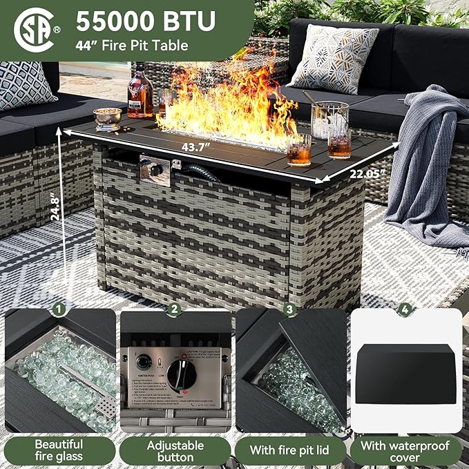 Aoxun 9 Piece Patio Furniture Set with 44” Fire Pit Table, Wicker Outdoor Furniture Set with Storage Box, Patio Sectional Set with Cushions and Waterproof Cover (Grey & Black)