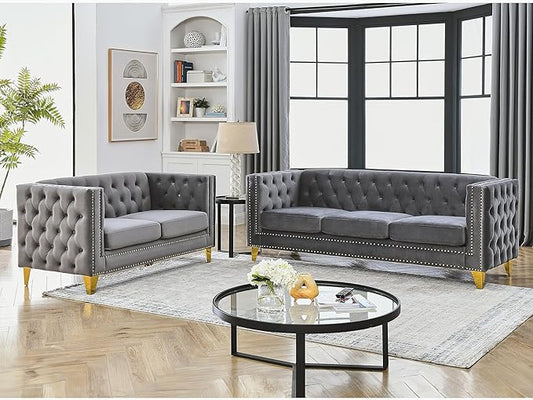 KEIKI Tufted Velvet 3+2 Seat Sofa Couch for Living Room, Buttons Tufted Square Arm Couch for Home Apartment, Gray