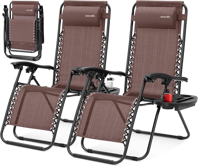 SereneLife Zero Gravity Lounge Chairs Set of 2, Adjustable Outdoor Recliners with Lockable Positions, Side Table Cup Holders, Padded Headrest Pillows, Foldable Steel Frame Patio Chairs (Brown) by SereneLife