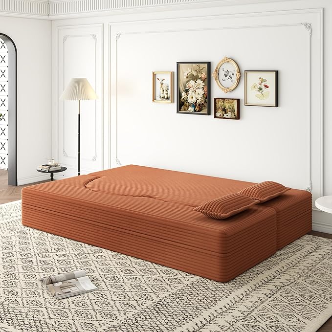 KEIKI Floor Sofa Bed with 2 Pillows, Convertible Corduroy Couch, 15" Foam Folding Mattress Sleeper Floor Sofa for Adults, Lounge Bed, Orange