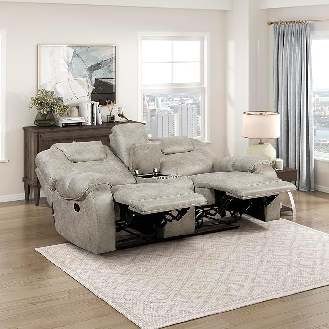 Lexicon Manual Double Reclining Loveseat, Polished Microfiber Manual Wall Hugger Loveseat Recliner for Living Room, Center Storage Console/Cup Holders/Pillow Top Arm, Easy Assembly, Pewter