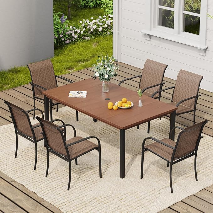 VICLLAX 7 Pieces Patio Dining Set, Patio Furniture Set of 6 Patio Stackable Dining Chairs and Outdoor Metal Table with Umbrella Hole for Backyard Lawn Garden, Brown Chairs and Walnut Table by HOME