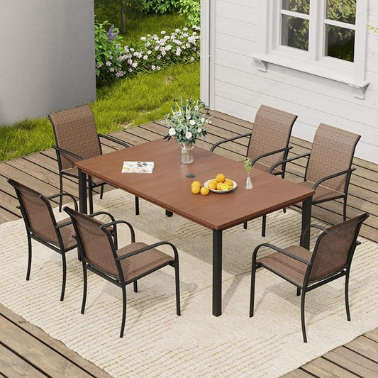 VICLLAX 7 Pieces Patio Dining Set, Patio Furniture Set of 6 Patio Stackable Dining Chairs and Outdoor Metal Table with Umbrella Hole for Backyard Lawn Garden, Brown Chairs and Walnut Table by HOME