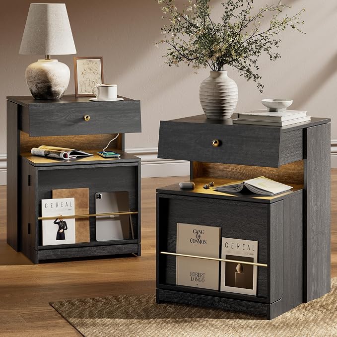 Night Stand Set of 2 with Charging Station, Modern LED Nightstand with Sliding Drawer & Storage Cabinet, Wood Bedside Table End Side Table for Bedroom Small Space, Black by Unknown