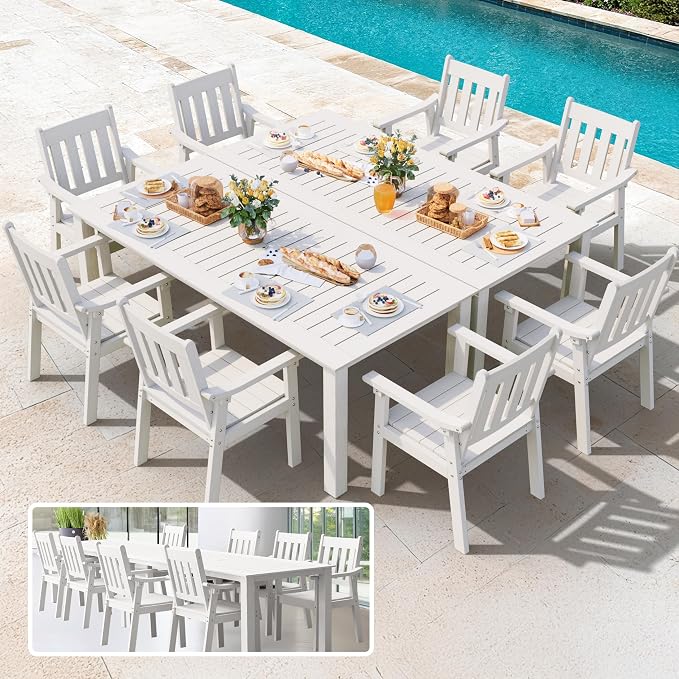 YEFU HIPS Patio Table Set: 10 Piece Outdoor Table and Chairs Dining Furniture Set with Umbrella Hole - White Modern Plastic Dining Sets 8 Person for Outside Deck with Metal Aluminum Frame by YEFU