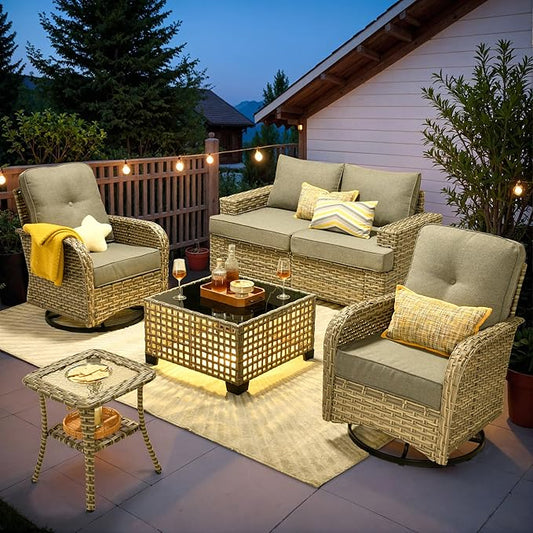 ovios 6 Piece Patio Sectional Furniture with Swivel Rocking Chairs, Rattan Wicker Coversation Set with Glowing Coffee Table, Outdoor Sofa Set for Outside Porch Balcony Backyard Pool, Dark Grey