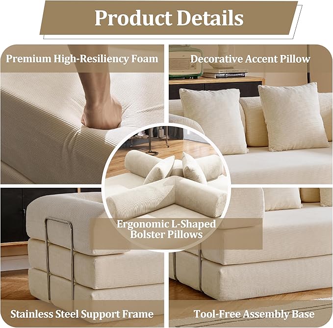 79'' Convertible Compressed Corduroy Folding Cloud Sofa Bed, 5 in 1 Modern Modular Boneless Pull Out Loveseat Sleeper in a Box, No Assembly Floor Mattress Futon Couch for Home, Beige, Pillows, King
