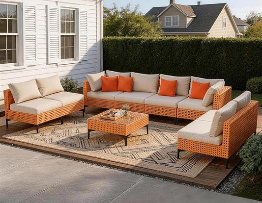 9 Piece Outdoor Patio Furniture Set Modular Outdoor Furniture Set Wicker Outdoor Sectional Sofa with Cushions and Tea Table Patio Set for Balcony Porch Deck Yard (Salmon&Orange Wicker, Sand Cushion)
