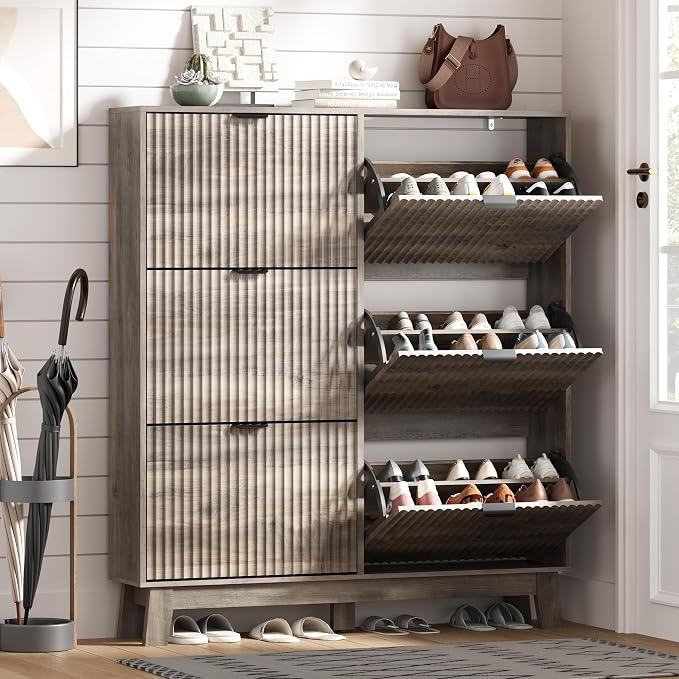 HUANLEGO Shoe Cabinet Storage for Entryway with 6 Flip Drawers, Fluted Narrow Shoe Organizer with Wooden Legs, Freestanding Slim Shoe Storage Hidden Shoe Rack Organizer for Front Door Entrance, Grey by HUANLEGO