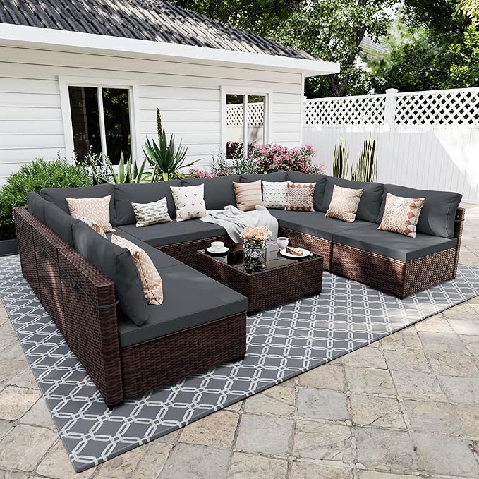 UPHA 9 Pieces Patio Furniture Sets, Wicker Outdoor Sectional Sofa Couch with Coffee Table, Patio Conversation Set for Deck Backyard Garden, Brown Rattan, Dark Gray Cushion