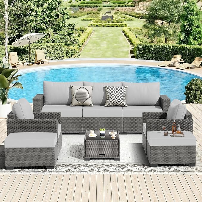 ABCASA 7-Piece Patio Furniture Set | Indoor Comfort for Outdoor Living | Weather-Resistant Wicker & Ultra-Thick Cushions | Grey Patio Conversation Set for Deck, Porch, Poolside