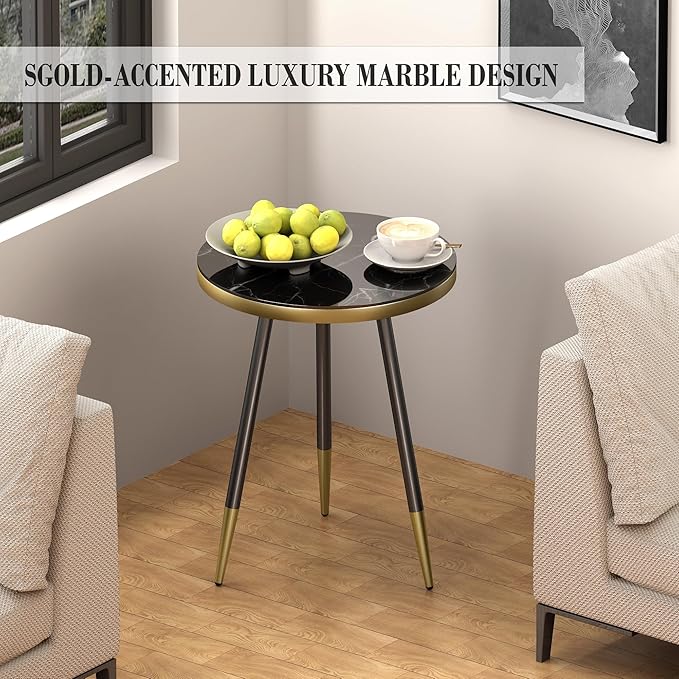 Round Coffee Table for Living Room, Bedroom, Balcony - 21.7" x 19.7" Space-Saving Black Marble-Textured Top, Sturdy Metal Frame with Black & Gold Finish | Premium Baked Paint, Easy Assembly