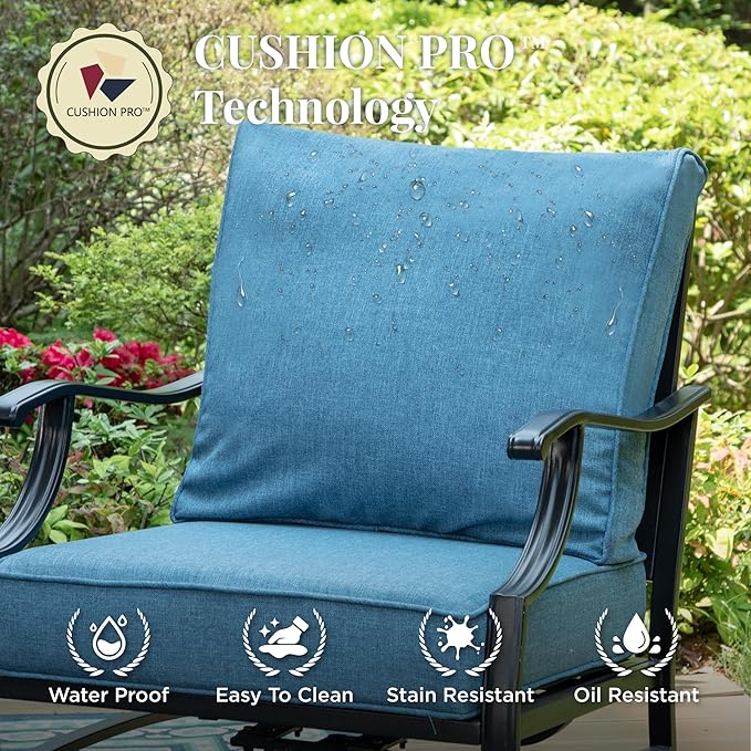 Patio Furniture Set, 4 Pcs Metal Outdoor Conversation Set, 2 Swivel Chairs and 3 Seater Sofa with 5.75" Extra Thick Cushion and Gas Fire Pit Table for Backyard Deck, Navy Blue