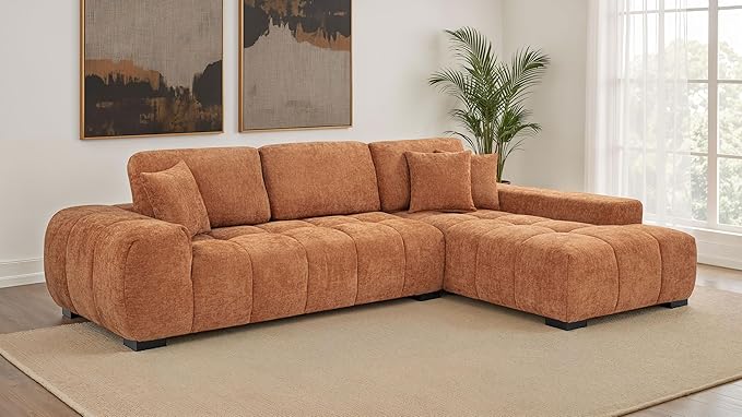 Coaster Home Furnishings - Octavia - Wood - Upholstered Sectional Sofa with Waterfall Seating, Grid Tufting, Reversible Back Cushions and Accent Pillows - Living Room - Orange - 509350